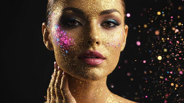 Woman applies glitter makeup while posing in various angles. Background is black to highlight colorful effects. Concept of beauty, makeup artistry, fashion industry