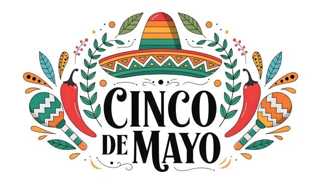 Cinco de Mayo Fiesta Elements: Sombrero, Maracas, Chilies, Leaves