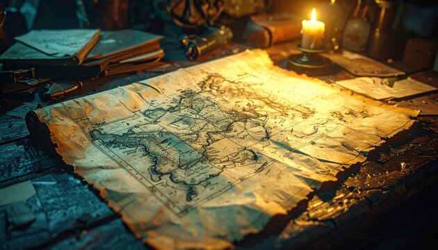 Ancient hand drawn map sketched on brittle parchment, detailing historical territories and routes, illuminated by candlelight on an old wooden table.