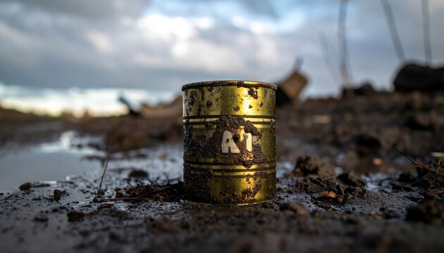 A heavily dented and corroded military ration tin rests in a desolate, muddy outdoor environment, evoking themes of abandonment and decay.