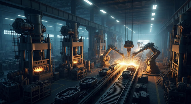 Automated robotic arms working in a modern factory assembly line.