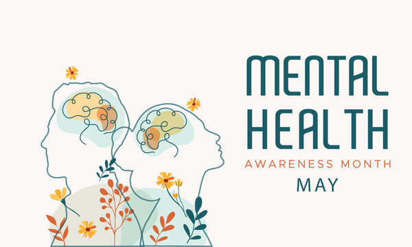 Mental Health Awareness Month design. It features line drawing of two people and brain. Vector illustration