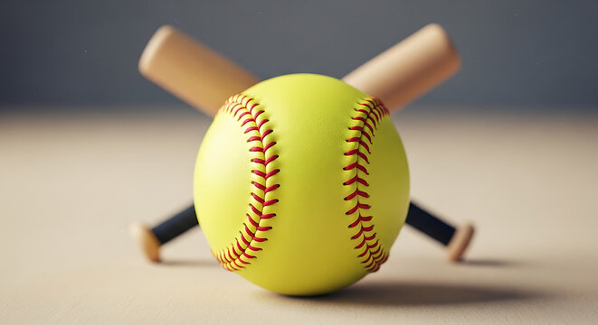 Bright yellow softball with red stitching resting on a neutral surface with two crossed wooden baseball bats behind it, sports equipment detail