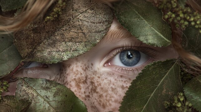 blue eye and freckled face partially hidden by green leaves