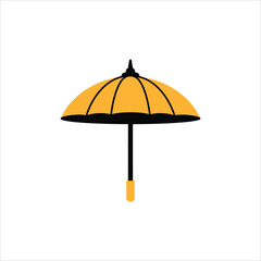 Obraz premium Bright yellow open umbrella vector illustration with dark blue handle and tip, isolated on white background, perfect for rainy weather concepts and designs.