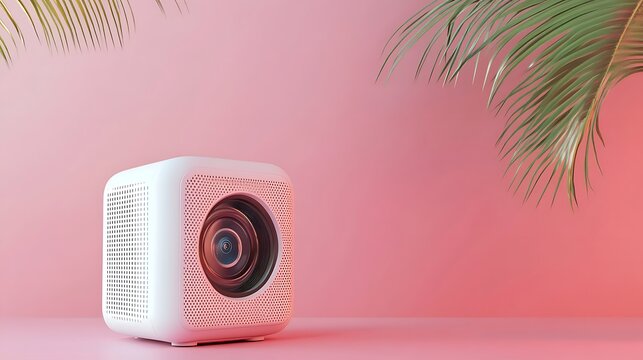 portable mini smart projector on pink background with palm leaves