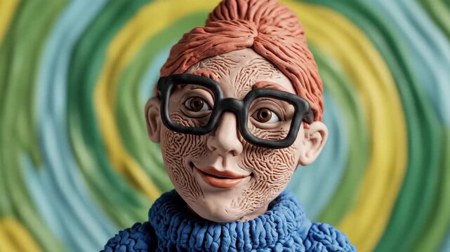 Portrait of a Claymation Woman with Glasses Against a Swirling Ripple Background