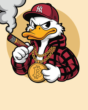 A cool cartoon duck character wearing a red plaid hoodie and new York Yankee's cap with a cigar