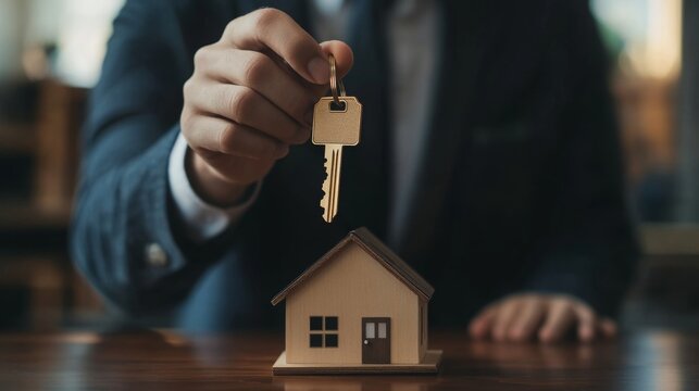 Close-up of real estate agent holding house key with small home model on desk, property sale and ownership concept