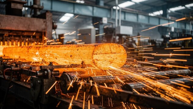 Focused on searing billet advancing toward an automated shear heavy sparks fly vividly contrasted by the soft blur of the factorys metallic environment.