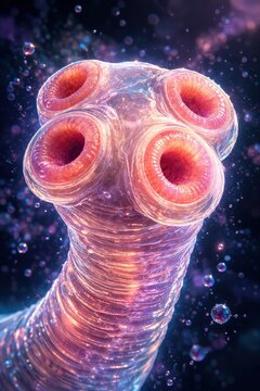 Taenia saginata scolex with four suckers and smooth apical region, detailed tapeworm head anatomy without hooks, parasitic organism, generative ai illustration