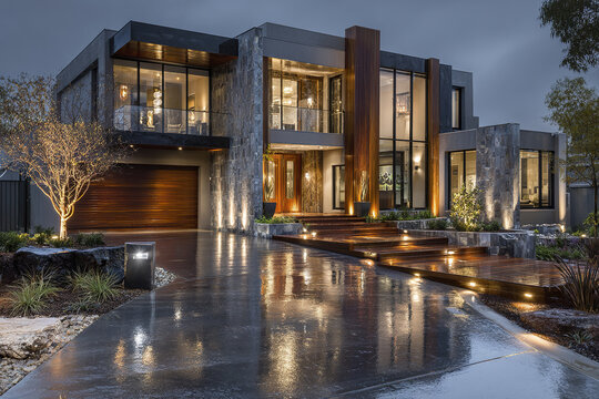 Modern house exterior with stone and wood facade illuminated by warm lights on rainy evening reflecting on wet driveway and wooden steps in landscaped garden