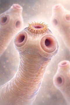 Taenia solium scolex with rostellum and hook crown, detailed tapeworm head anatomy with suckers, parasitic structure in close view, generative ai illustration