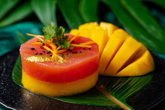 Colorful dessert that features layers of watermelon and mango with garnishes on a black plate surrounded by green leaves