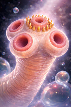 Taenia solium scolex with rostellum and hook crown, detailed tapeworm head anatomy with suckers, parasitic structure in close view, generative ai illustration