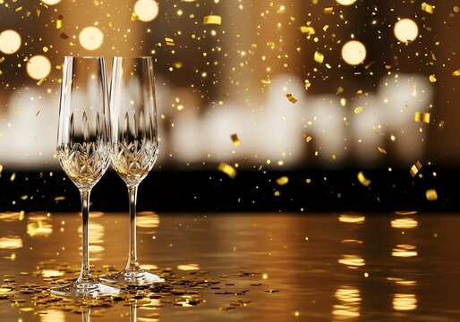 Champagne Glasses on Golden Background with Confetti