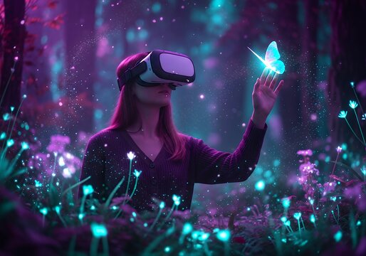 Woman in VR headset touching glowing butterfly in forest