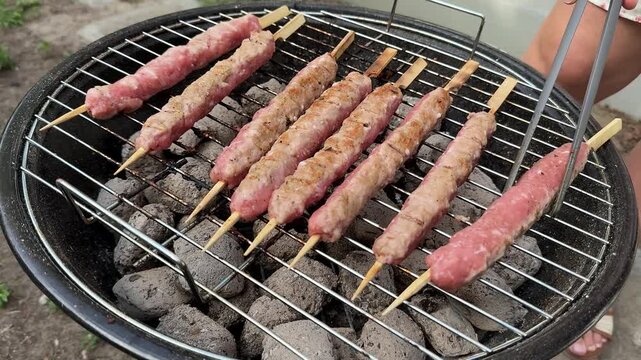 Skewers of minced meat cook over charcoal on a round grill outdoors, warm smoky tones suggest casual summer gathering, ideal for barbecue meals and street food themes
