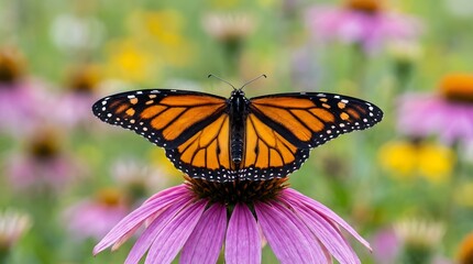 Obraz premium A monarch butterfly perched on a vibrant purple flower in a colorful garden filled with blurred flowers.