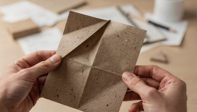 Testing fold durability on recycled sheets in a focused medium shot background out of focus showing a cluttered exploratory notebook.