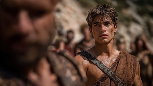 Young David faces Goliath in the Valley of Elah, courage against might, a defining moment where faith and resolve confront overwhelming power.
