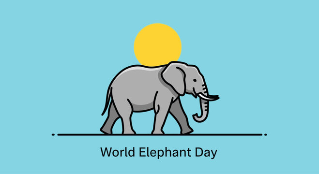 Minimalist vector illustration of an elephant walking under a bright sun.