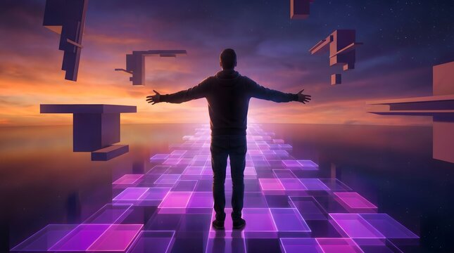 Person standing on glowing abstract digital pathway materializing in virtual reality space