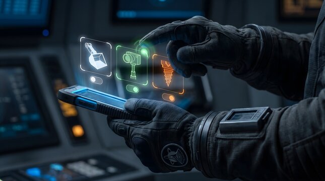 Operator controlling remote space exploration probe via holographic tablet interface