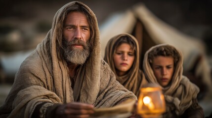 Fototapeta premium Fathers teach their children by lamplight at dusk, passing on the commandments in a quiet moment of faith, family, and living tradition. 