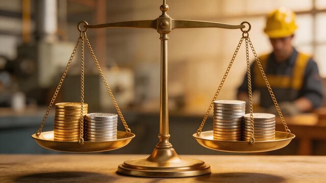 Balance scale with stacks of coins