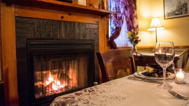 epilogue. A cozy dining room with a fireplace and a glass on the table. real-estate listings, architecture portfolios, designed for real-estate listing and luxury residence showcases.