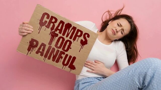 A woman in her 20s holding banner about cramps too painful irregular periods and menstrual cycle issues