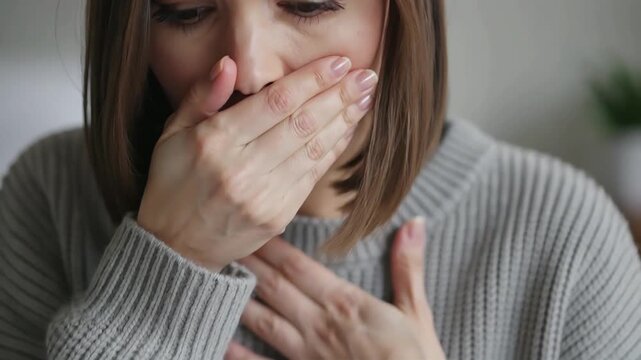 Woman Experiencing Nausea Covering Mouth and Chest Feeling Sick Indoors