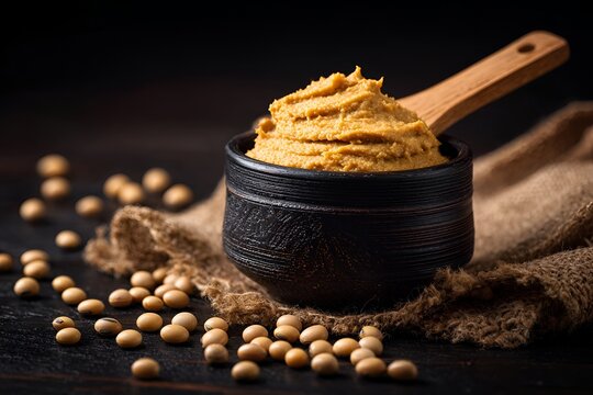 Bowl of miso paste on a wooden table with soybeans scattered around