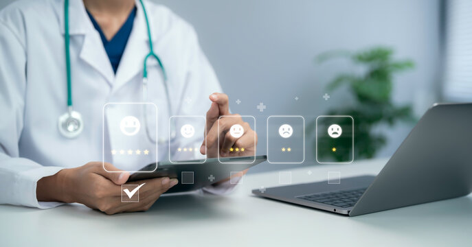 Doctor using tablet reviewing patient feedback rating interface with satisfaction icons representing healthcare service quality evaluation digital experience management modern medical system