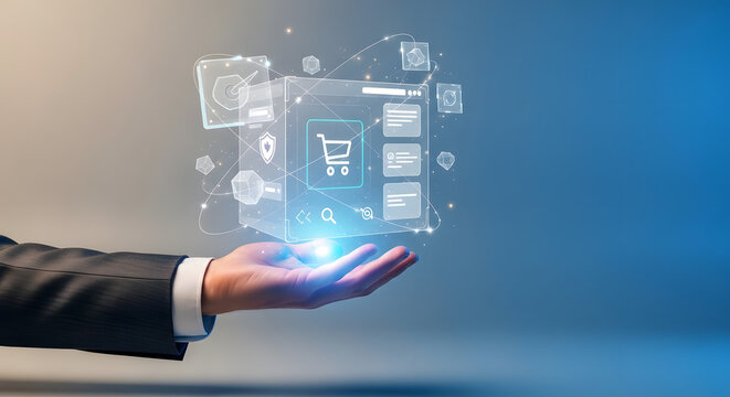 Online shopping experience with digital interface and a person's hand, futuristic concept
