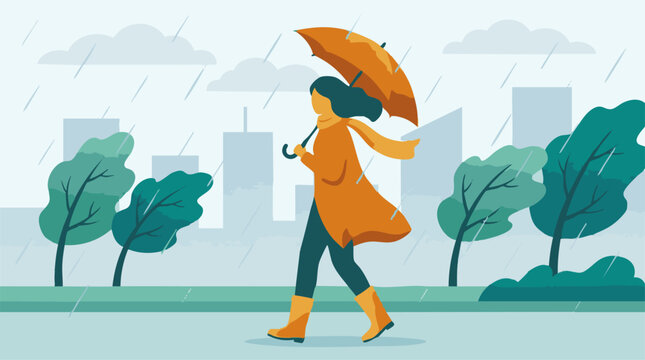 Woman walking with an orange umbrella and raincoat on a rainy day in the city
