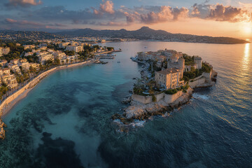 Fototapeta premium Aerial panoramic view of Mediterranean coastal city at sunset with historic castle on rocky peninsula and calm sea water reflecting warm sunlight, peaceful and scenic landscape