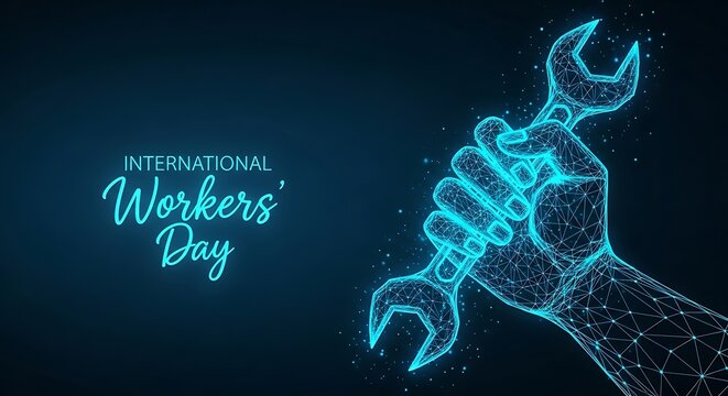 Hand holding wrench abstract digital art for international workers' day. 8K with low poly wireframe abstract technology industry mechanic low poly international workers' day. 8K