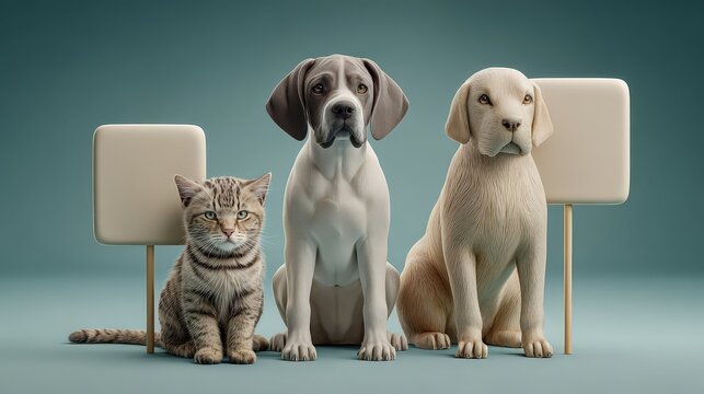 A charming scene with a cat and two dogs in playful poses.