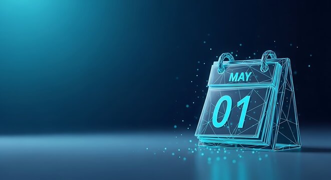 Digital calendar showing may 1st representing international workers' day. 8K labor day calendar technology futuristic computers celebration low poly international workers' day. 8K