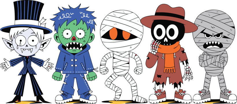 Funny cartoon monsters and a spooky Halloween ghost join a cute zombie and a 3d robot character in this fun comic vector illustration design for a kid or child