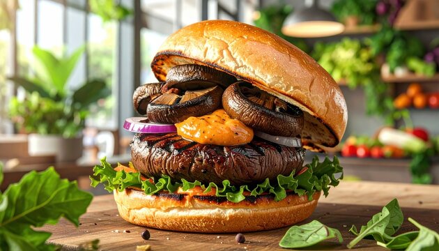 Savory grilled portobello mushroom burger with grilled onions and vegan aioli on a toasted bun
