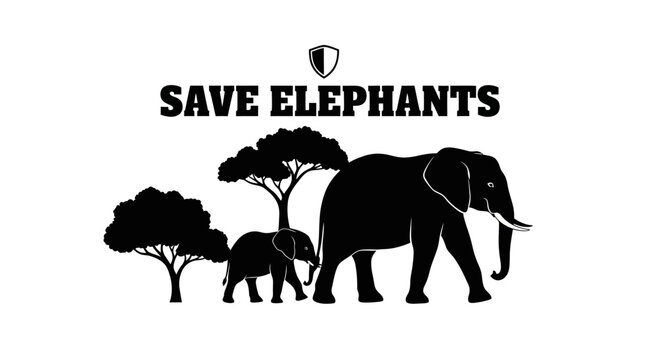 Silhouette illustration of a mother elephant and baby elephant with trees and save elephants text.
