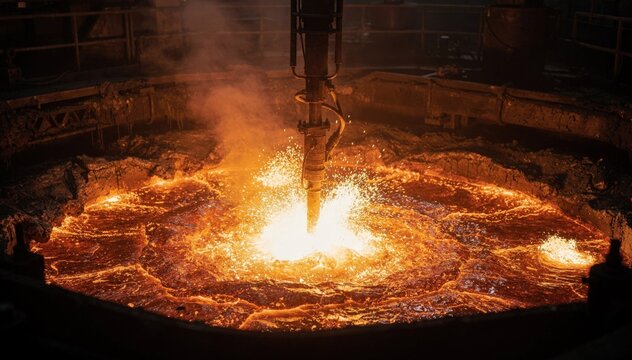 High angle medium shot illustrating the glowing steel bath actively reacting to oxygen injection with the lance crisp and the furnace interior dimly blurred.