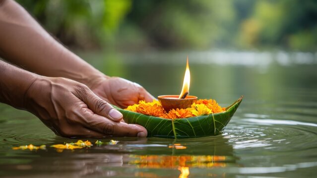 Hands releasing leaf boat with lit oil lamp and marigold flowers into river water for Kartika Purnima festival, spiritual Deep Daan ritual in India, Hindu religious tradition, holy riverbank pray sets