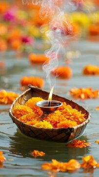 Traditional Hindu ritual of floating leaf boat with marigold flowers lit oil lamp diya on river water during Kartika Purnima celebration, Dev Deepawali festival India, religious offering deep daan sce