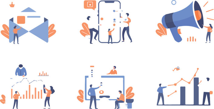 Corporate business analytics workflow flat design collection with small people researching financial data growth bars scatter plots and advertising campaign elements