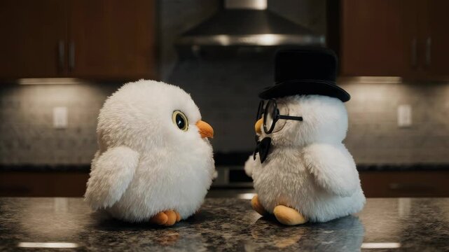 Two plush bird toys with large eyes, one with a beak and fluffy white feathers facing a snowman with glasses and a top hat on a kitchen countertop