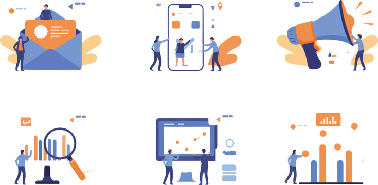 Corporate business analytics workflow flat design collection with small people researching financial data growth bars scatter plots and advertising campaign elements